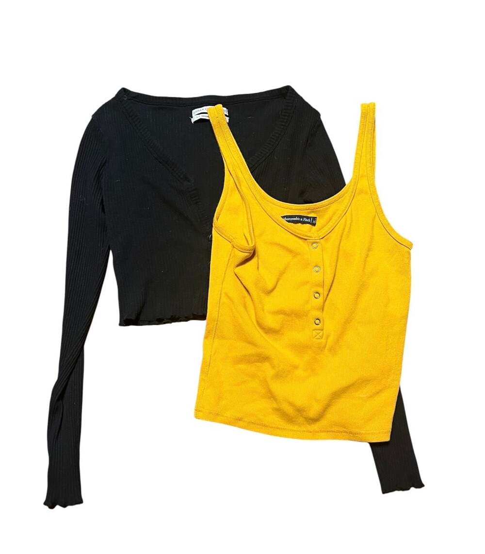 Urban Outfitters Black Ribbed Cardigan and Abercrombie & Fitch Yellow Henley Tan